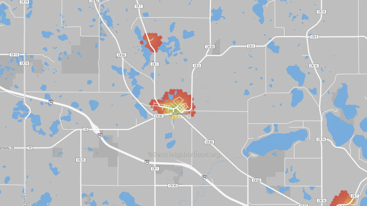 Walk Grade map of Evansville, MN, walkable areas in green and car-dependent areas in red