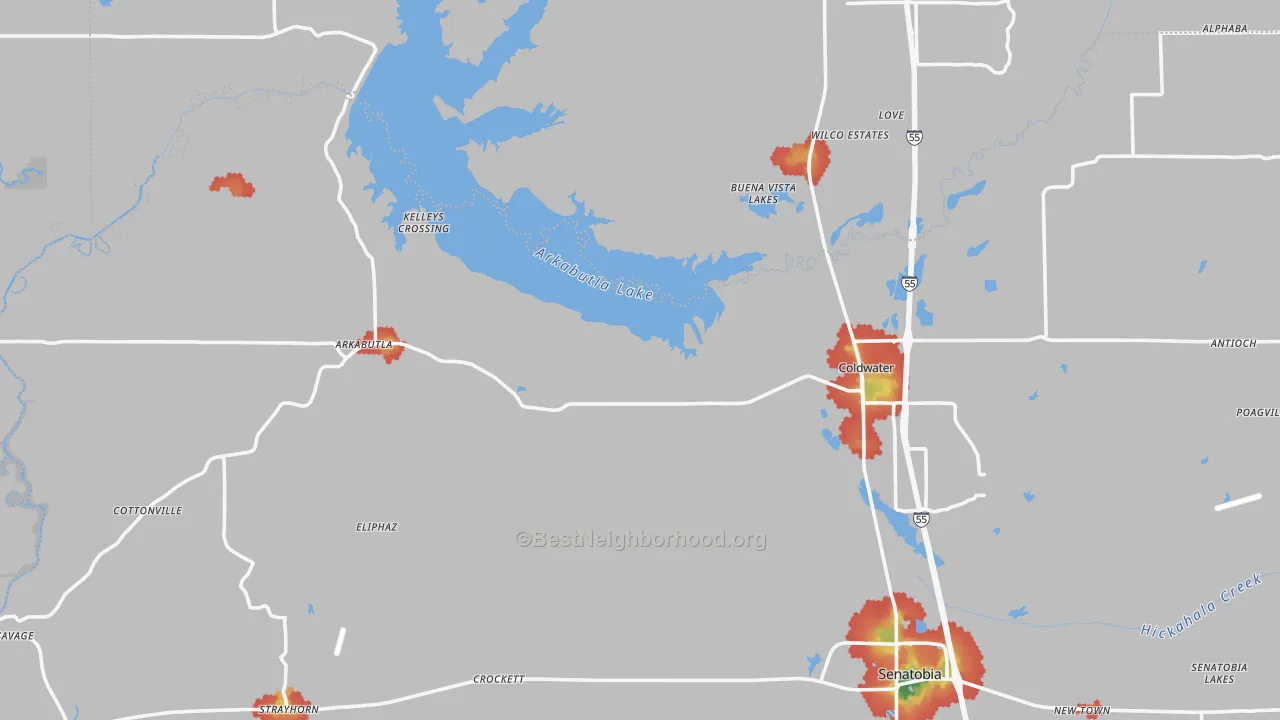 Walk Grade map of Evansville, MS, walkable areas in green and car-dependent areas in red