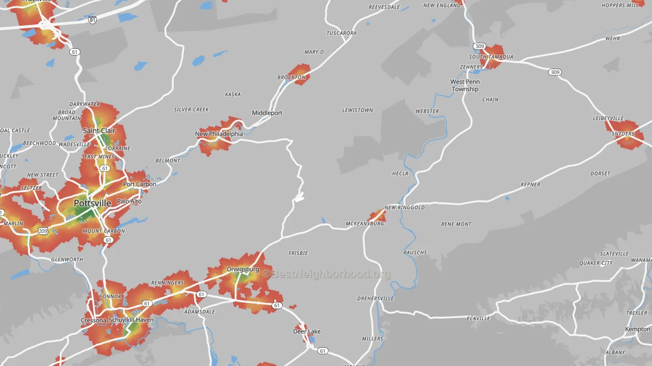 Walk Grade map of Evansville, PA, walkable areas in green and car-dependent areas in red