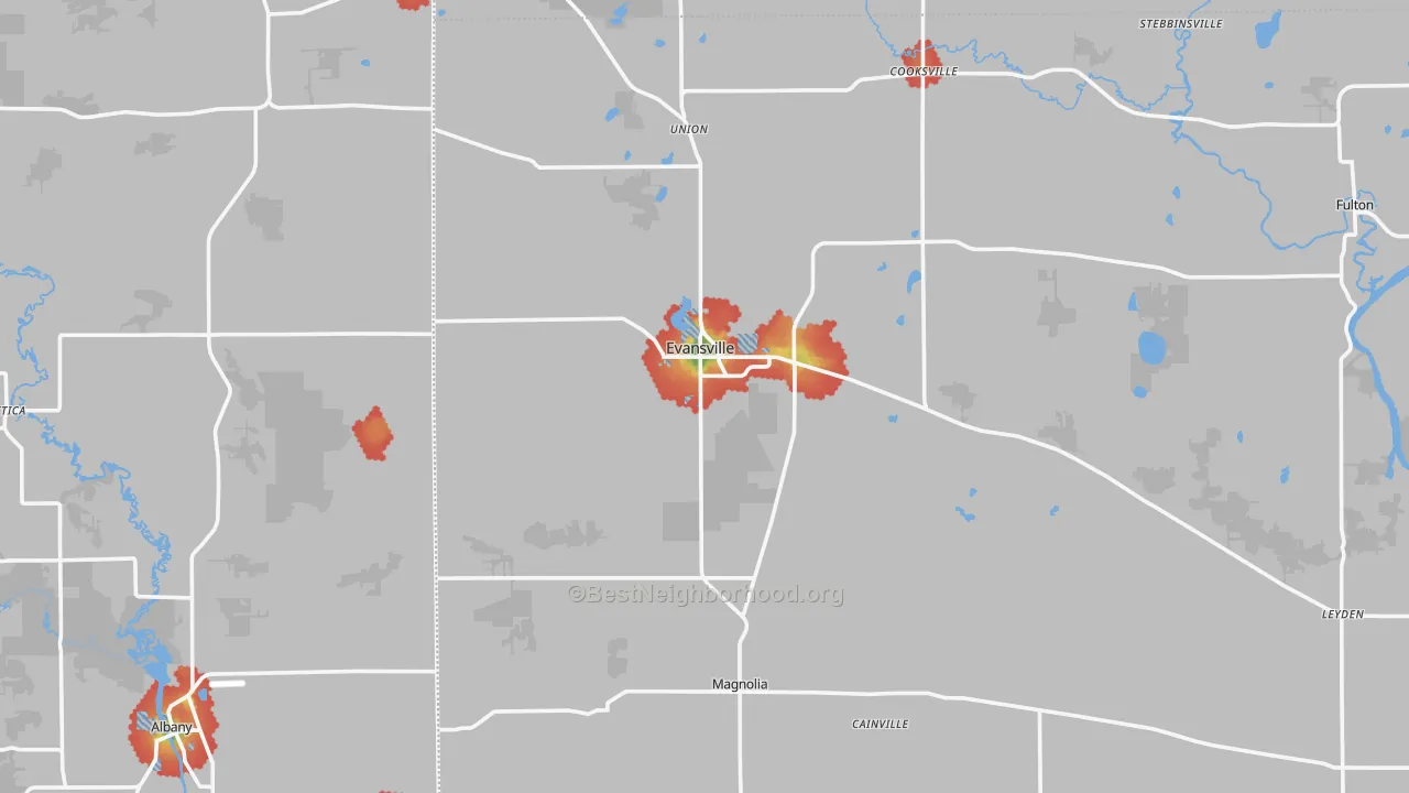 Walk Grade map of Evansville, WI, walkable areas in green and car-dependent areas in red