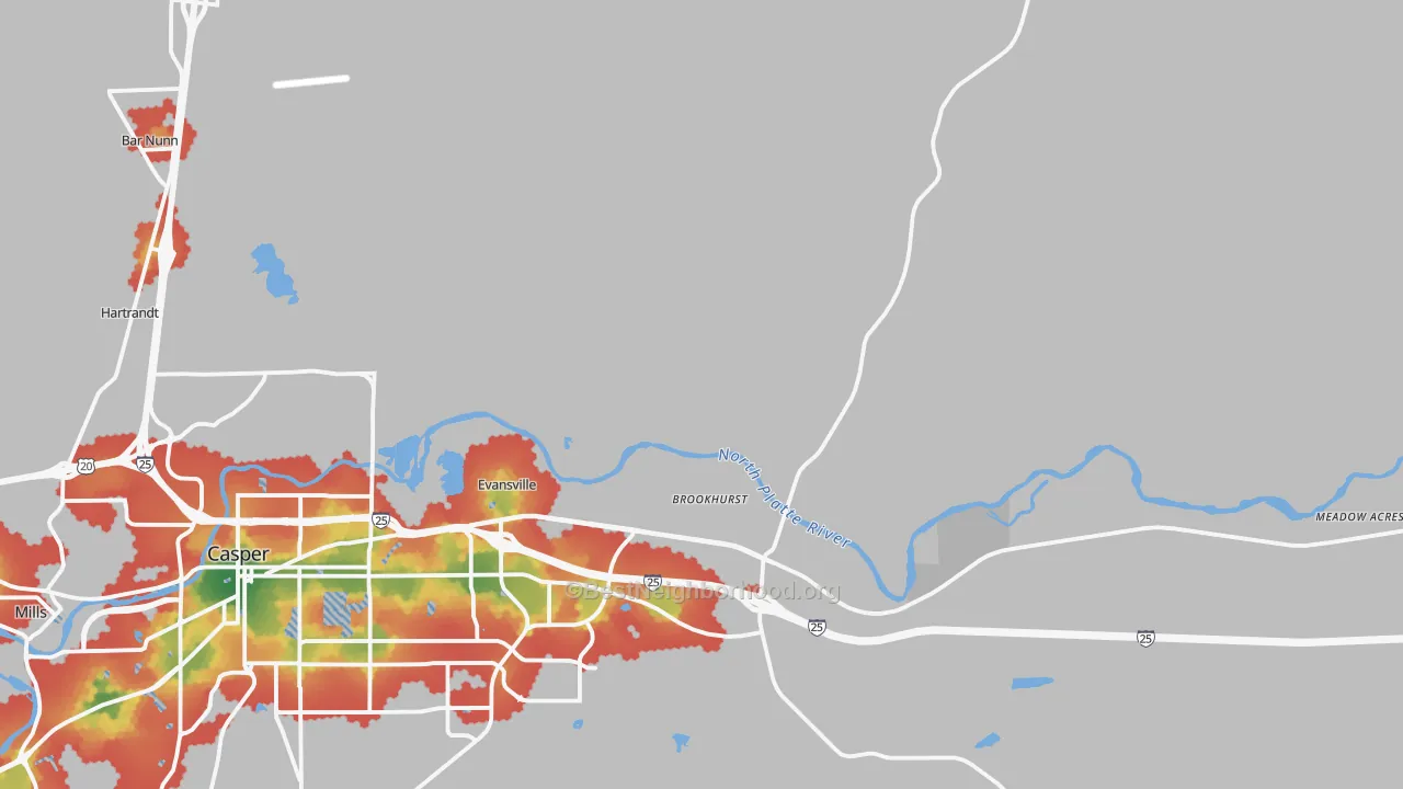 Walk Grade map of Evansville, WY, walkable areas in green and car-dependent areas in red