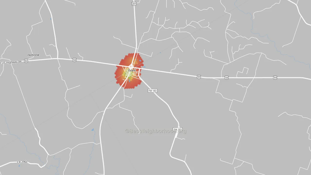 Walk Grade map of Evant, TX, walkable areas in green and car-dependent areas in red
