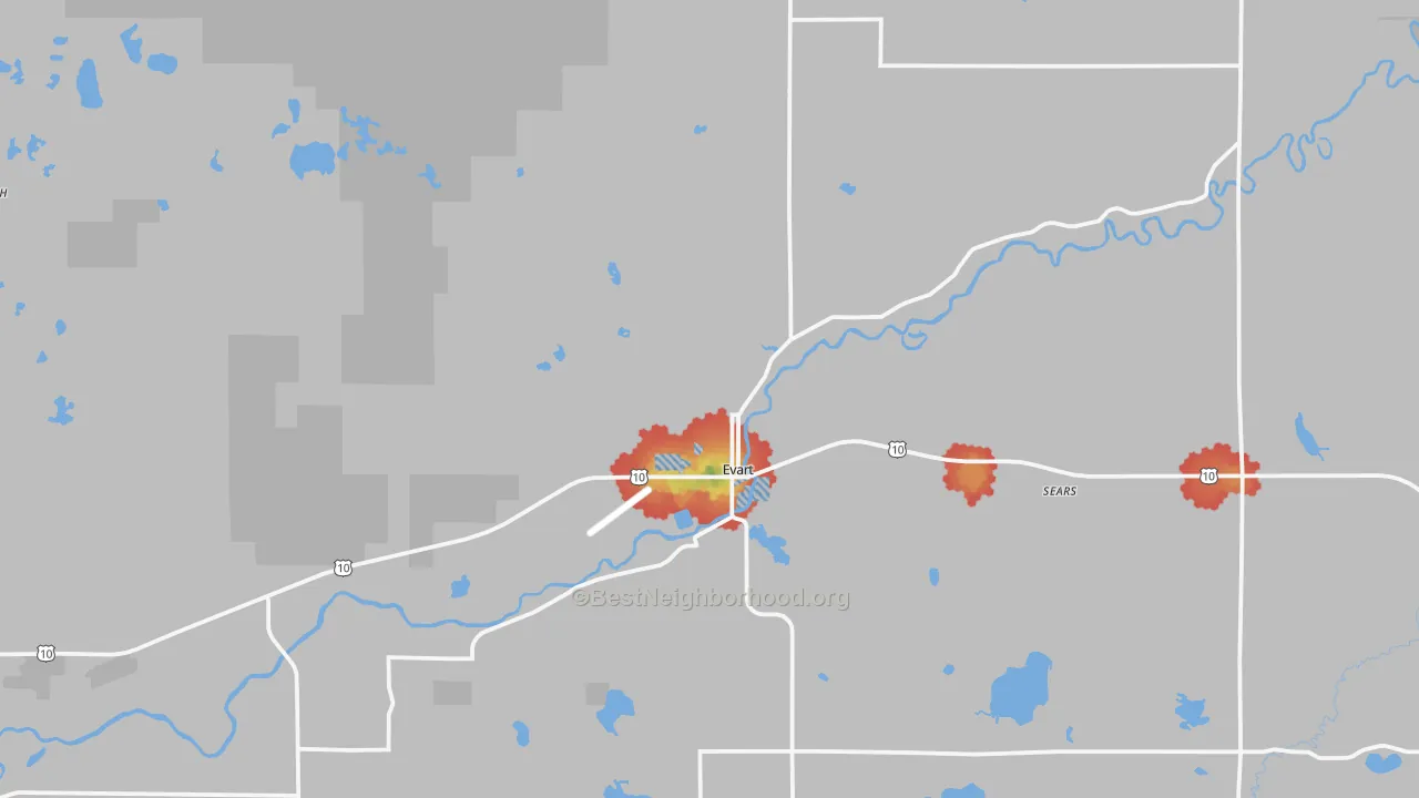 Walk Grade map of Evart, MI, walkable areas in green and car-dependent areas in red