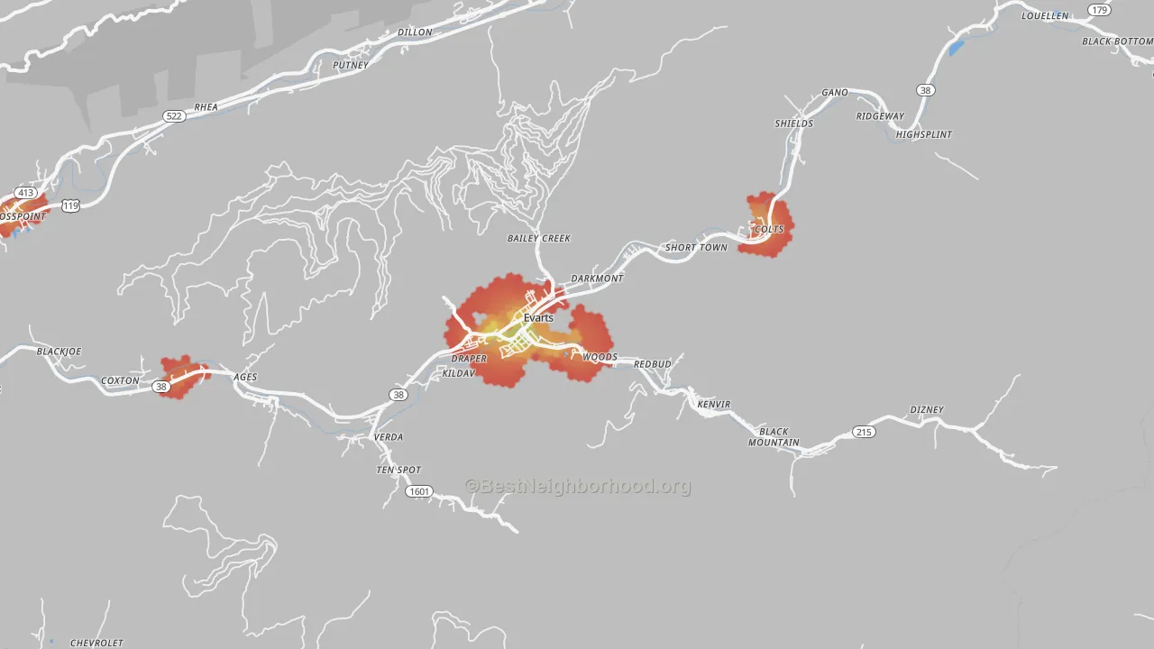 Walk Grade map of Evarts, KY, walkable areas in green and car-dependent areas in red