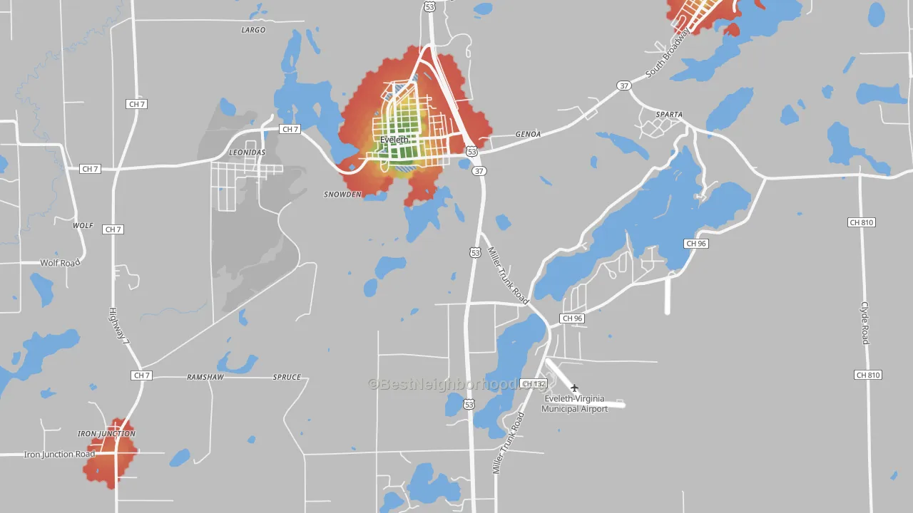 Walk Grade map of Eveleth, MN, walkable areas in green and car-dependent areas in red