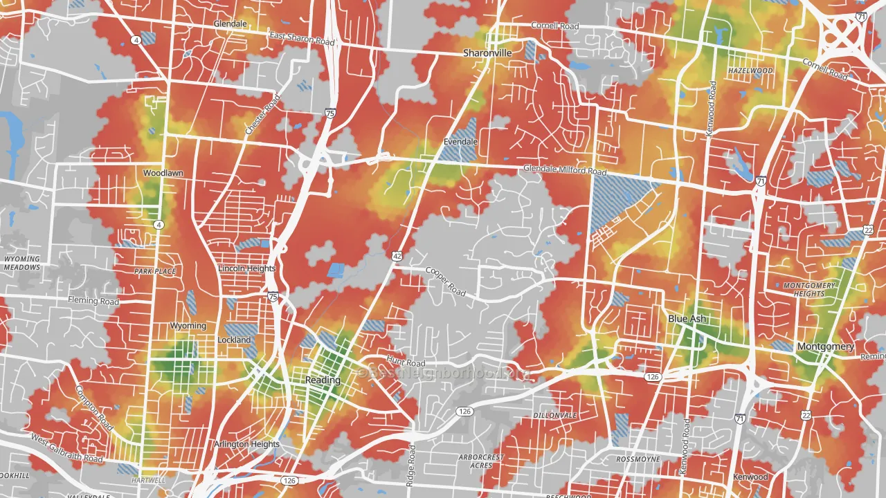 Walk Grade map of Evendale, OH, walkable areas in green and car-dependent areas in red