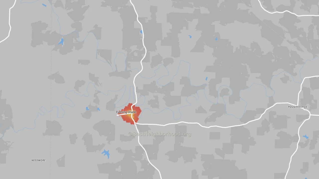 Walk Grade map of Evening Shade, AR, walkable areas in green and car-dependent areas in red