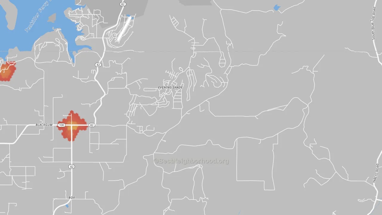 Walk Grade map of Evening Shade, OK, walkable areas in green and car-dependent areas in red