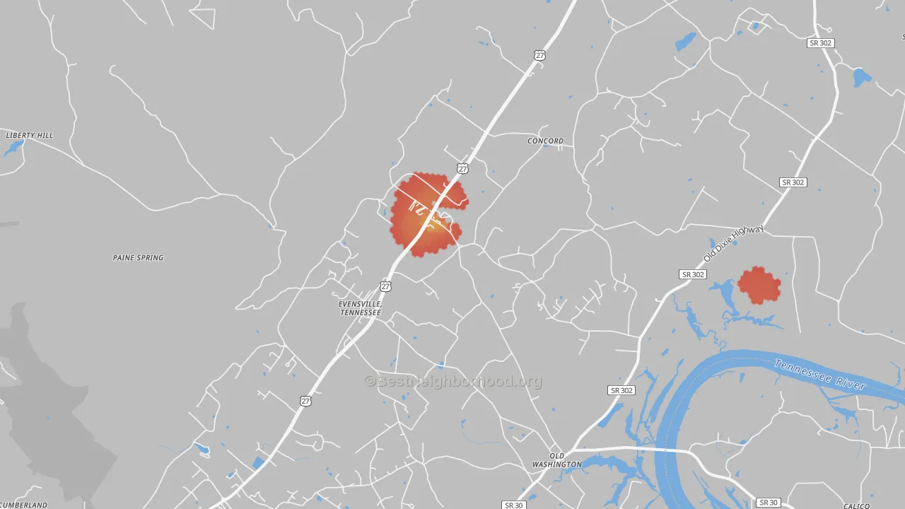 Walk Grade map of Evensville, TN, walkable areas in green and car-dependent areas in red