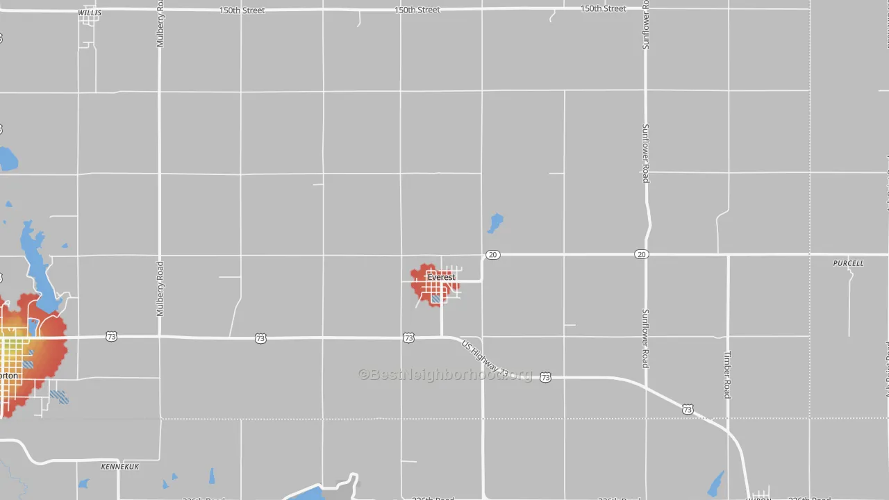 Walk Grade map of Everest, KS, walkable areas in green and car-dependent areas in red