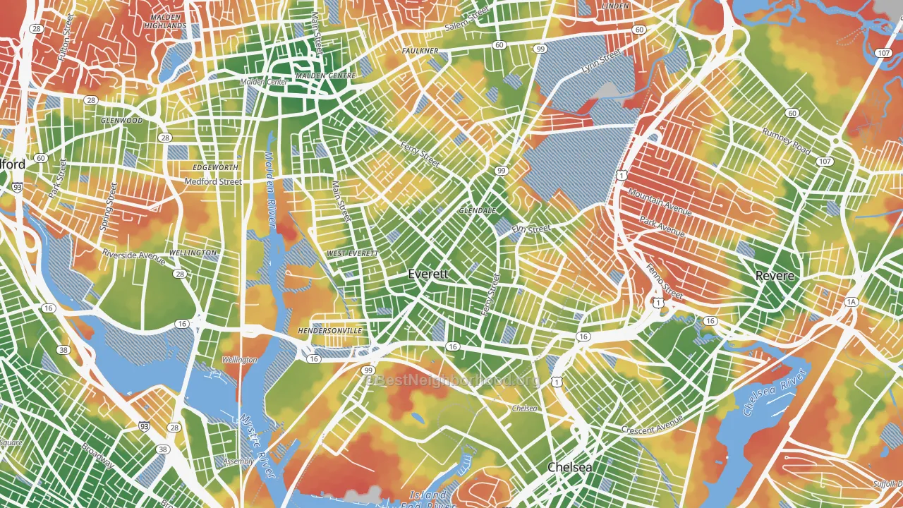 Walk Grade map of Everett, MA, walkable areas in green and car-dependent areas in red