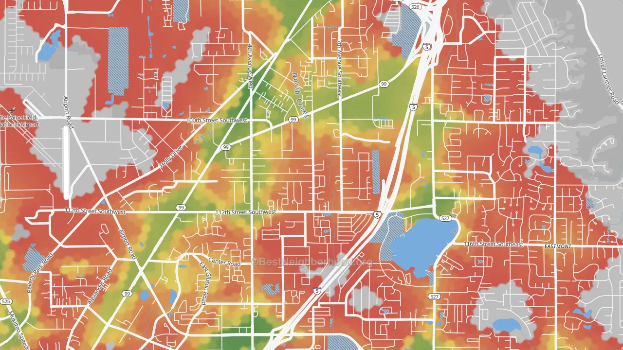 Walk Grade map of Everett Mall South, Everett, WA, walkable areas in green and car-dependent areas in red
