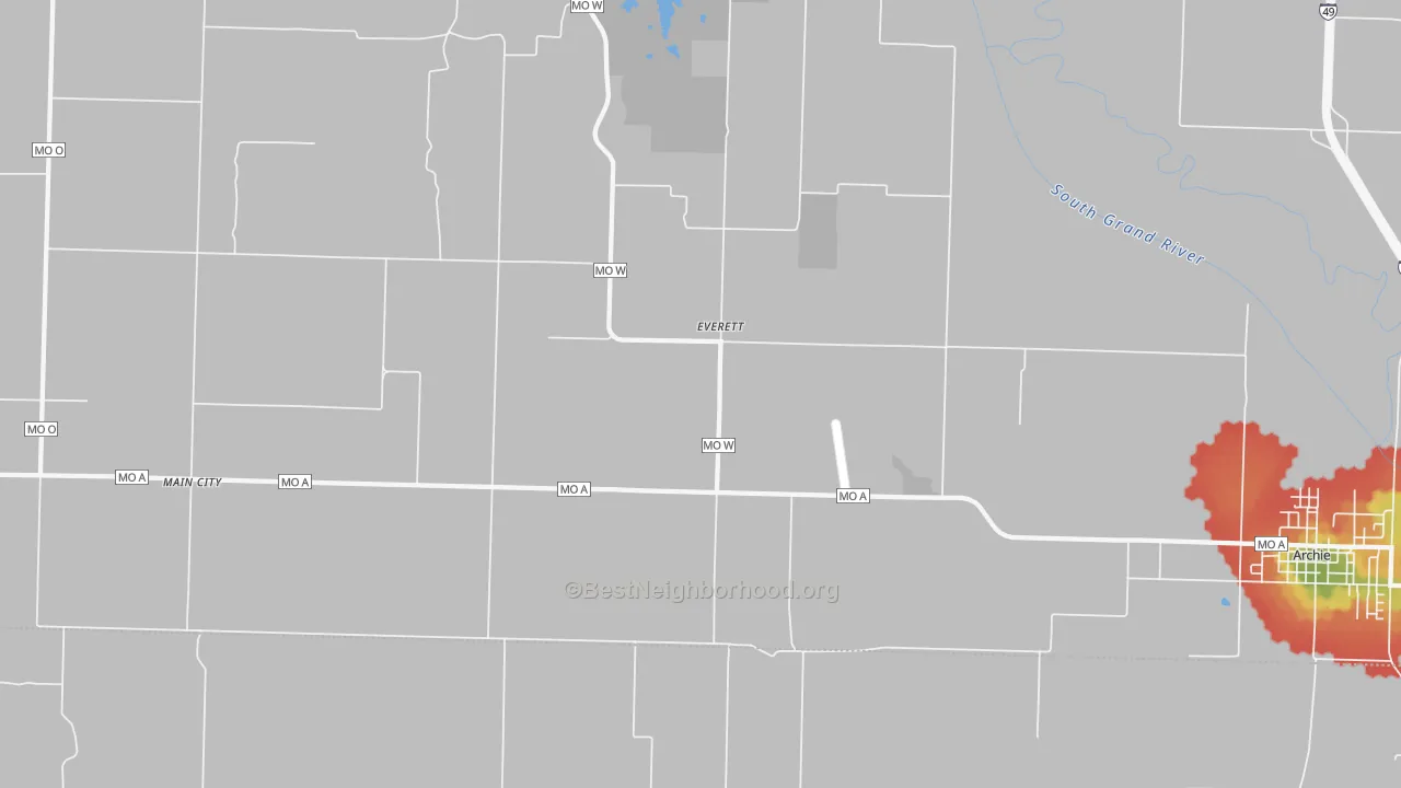 Walk Grade map of Everett, MO, walkable areas in green and car-dependent areas in red