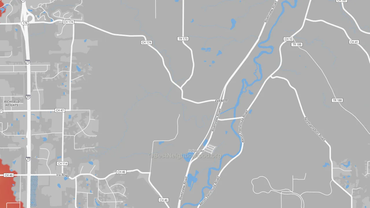 Walk Grade map of Everett, OH, walkable areas in green and car-dependent areas in red