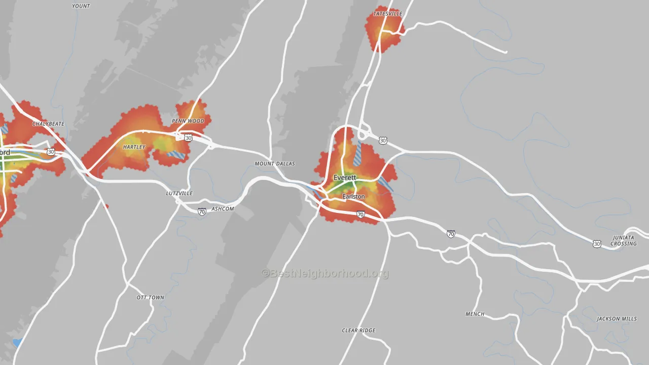 Walk Grade map of Everett, PA, walkable areas in green and car-dependent areas in red