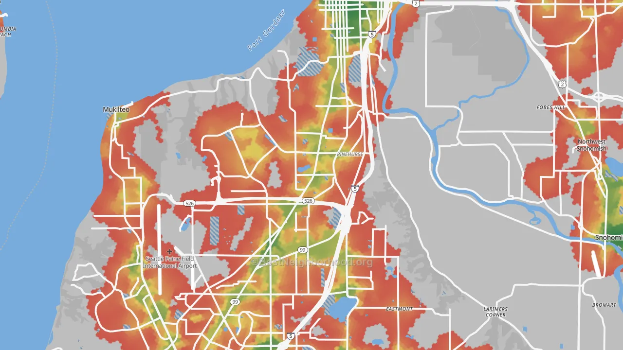 Walk Grade map of Everett, WA, walkable areas in green and car-dependent areas in red