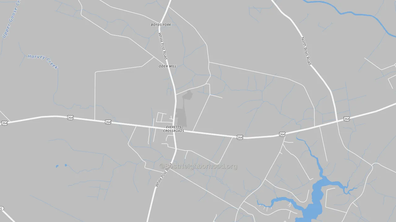 Walk Grade map of Everetts Crossroads, NC, walkable areas in green and car-dependent areas in red