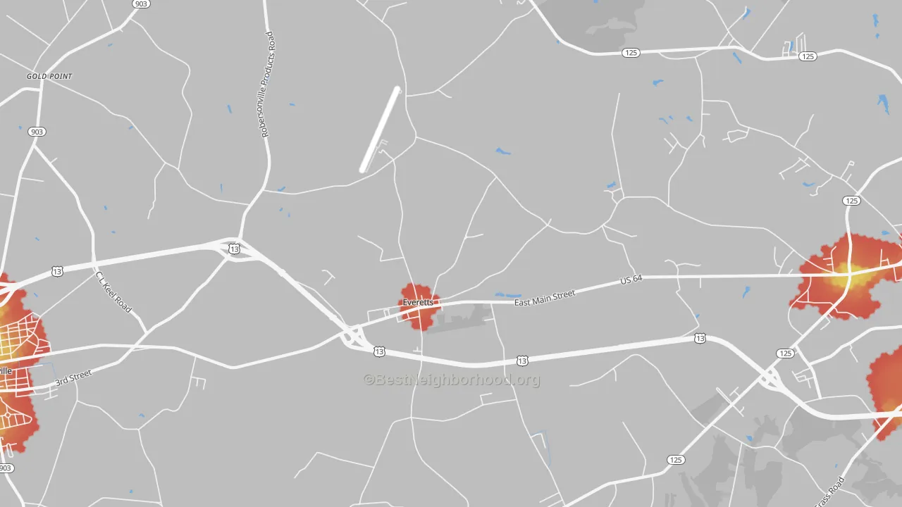 Walk Grade map of Everetts, NC, walkable areas in green and car-dependent areas in red