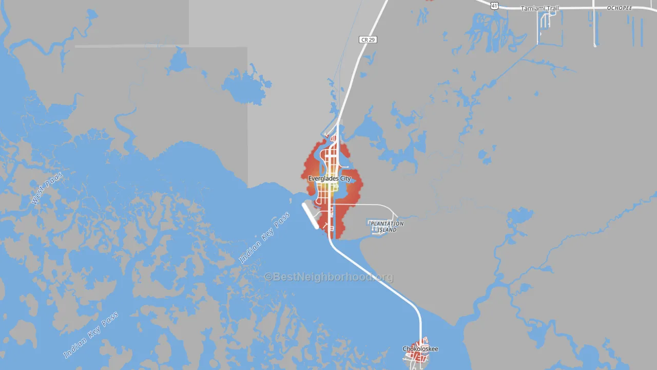 Walk Grade map of Everglades, FL, walkable areas in green and car-dependent areas in red