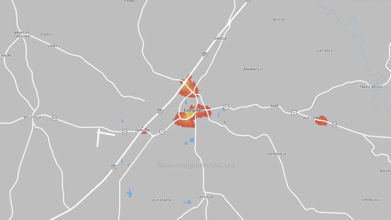 Walk Grade map of Evergreen, AL, walkable areas in green and car-dependent areas in red