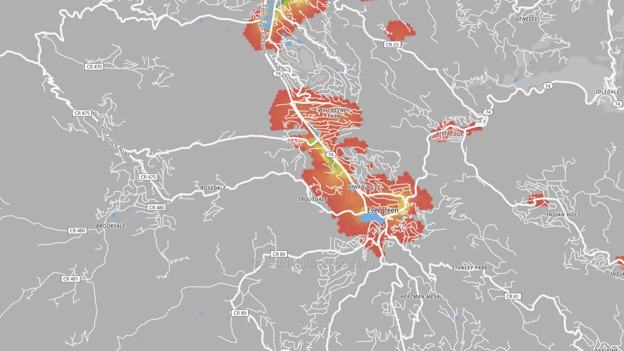 Walk Grade map of Evergreen, CO, walkable areas in green and car-dependent areas in red