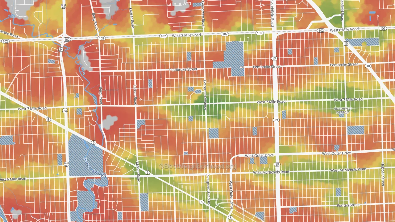 Walk Grade map of Evergreen, Detroit, MI, walkable areas in green and car-dependent areas in red