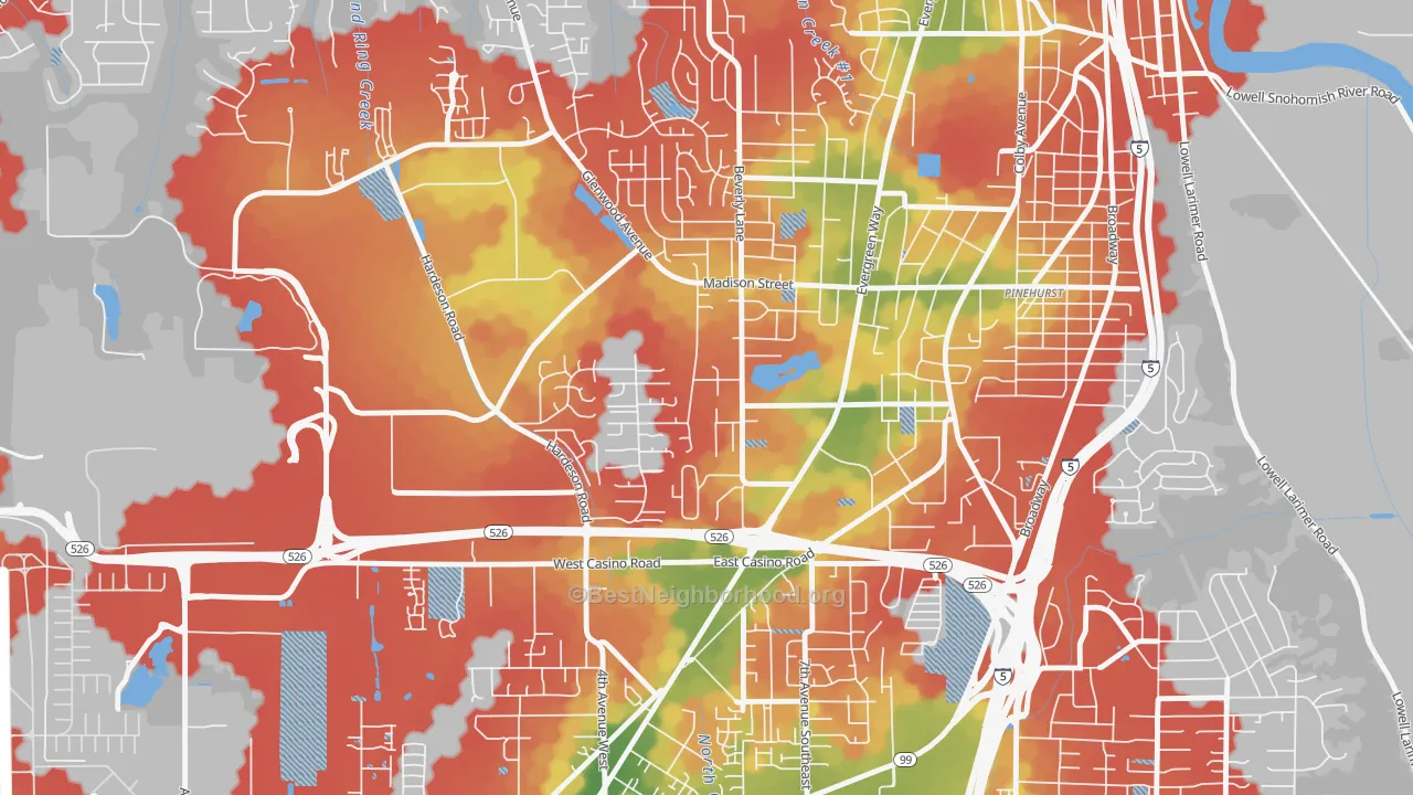 Walk Grade map of Evergreen, Everett, WA, walkable areas in green and car-dependent areas in red