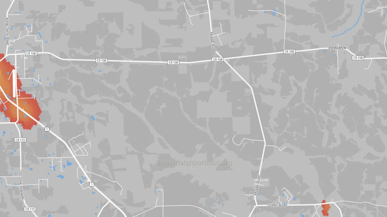 Walk Grade map of Evergreen, FL, walkable areas in green and car-dependent areas in red