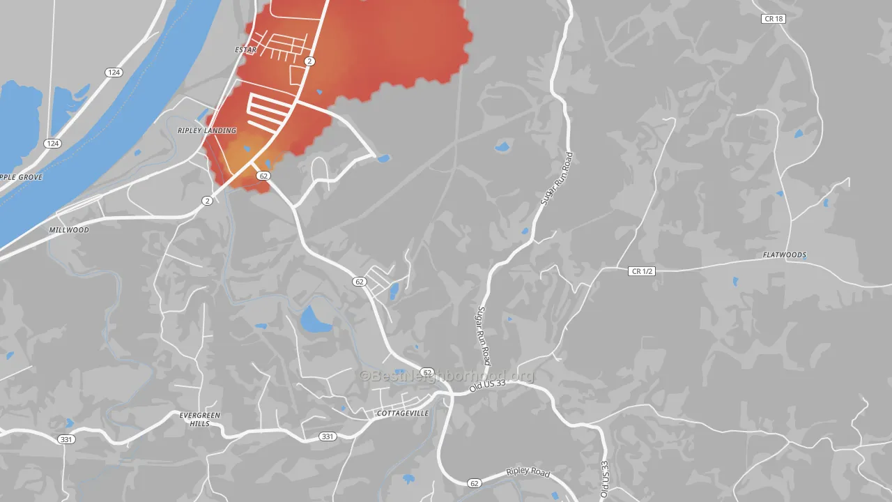 Walk Grade map of Evergreen Hills, WV, walkable areas in green and car-dependent areas in red