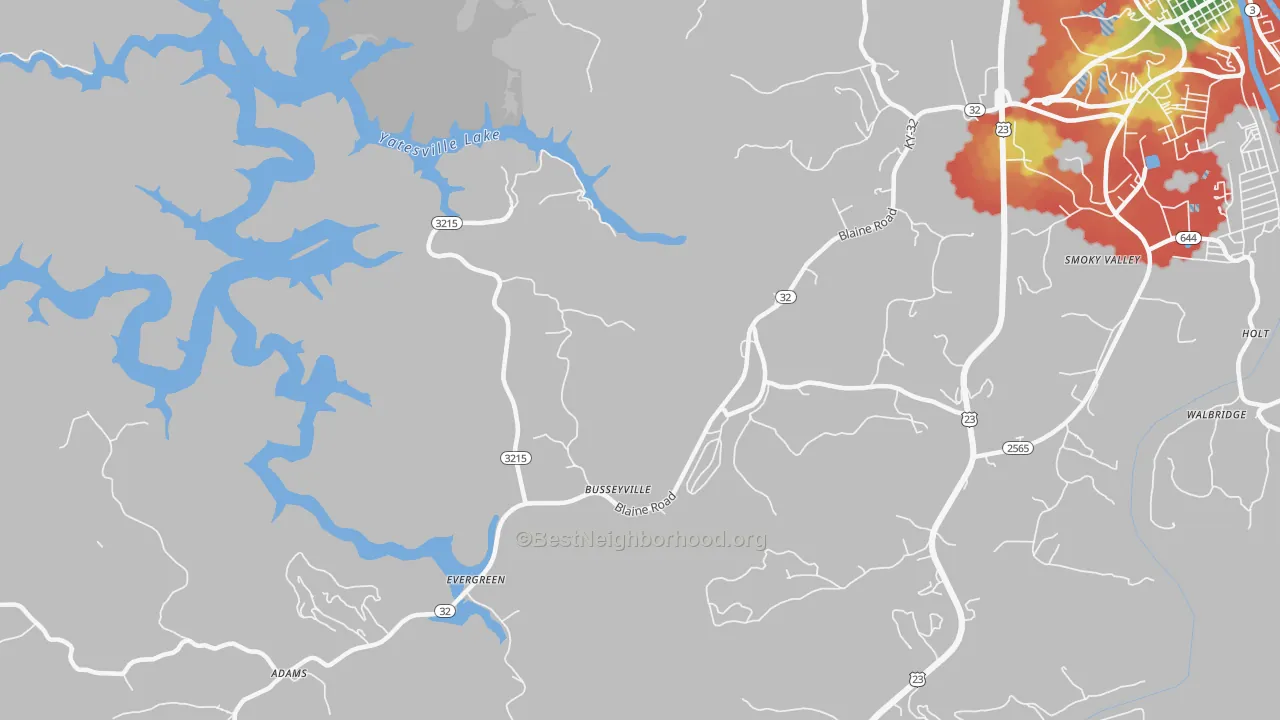 Walk Grade map of Evergreen, KY, walkable areas in green and car-dependent areas in red