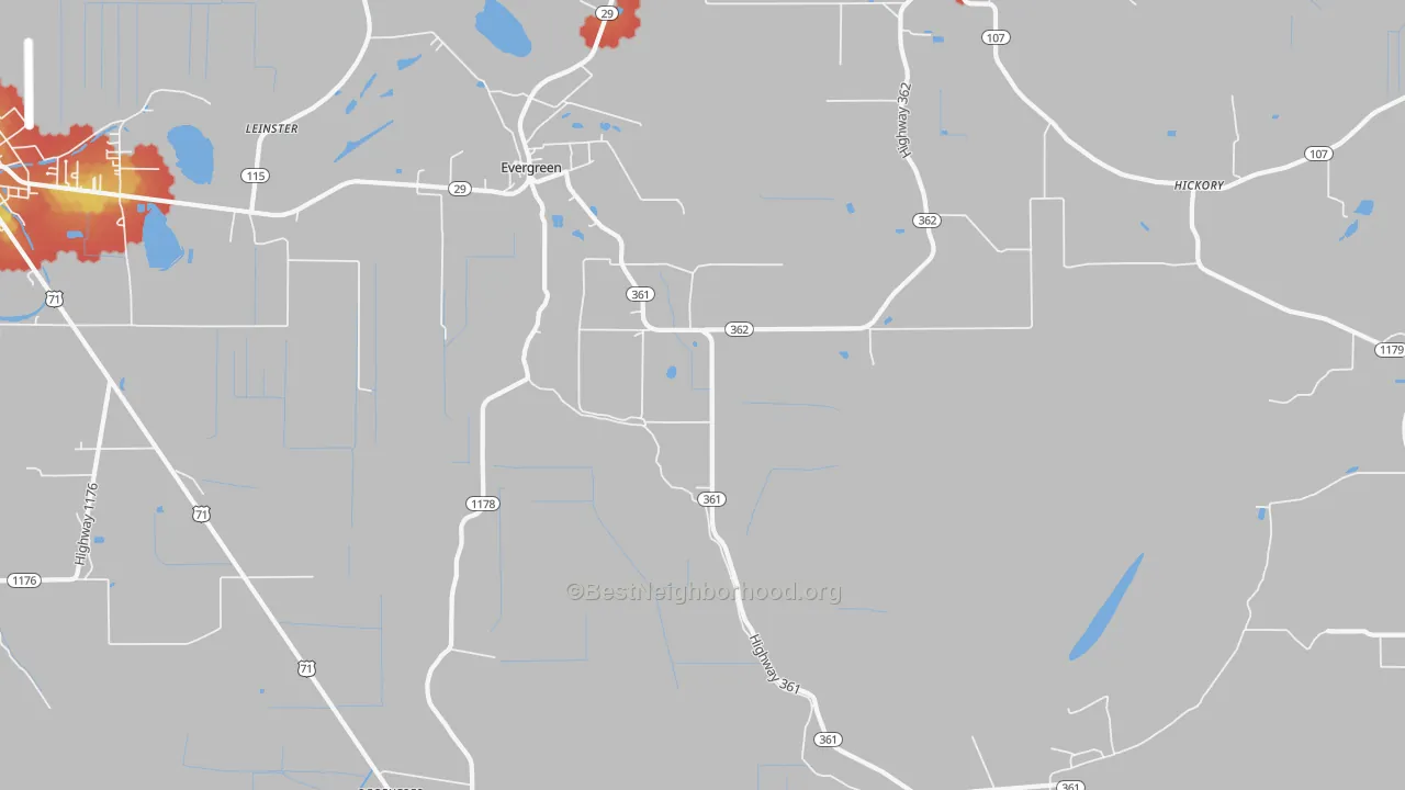 Walk Grade map of Evergreen, LA, walkable areas in green and car-dependent areas in red