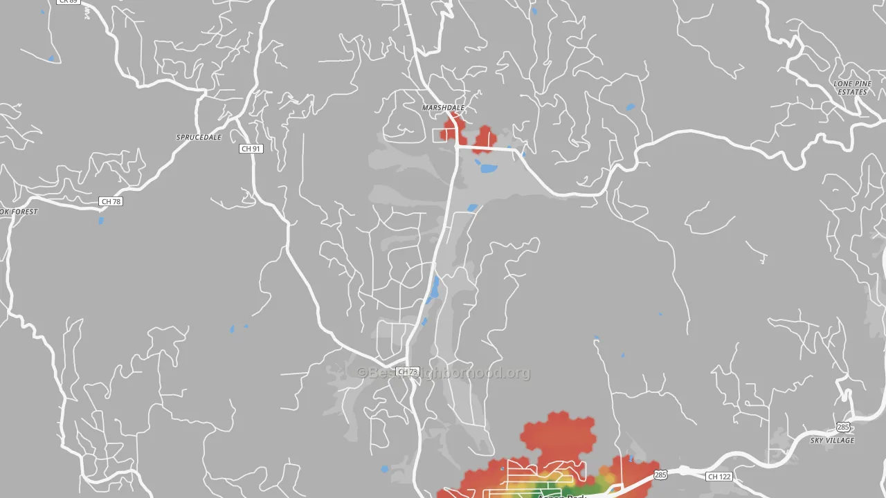 Walk Grade map of Evergreen Meadows, Evergreen, CO, walkable areas in green and car-dependent areas in red