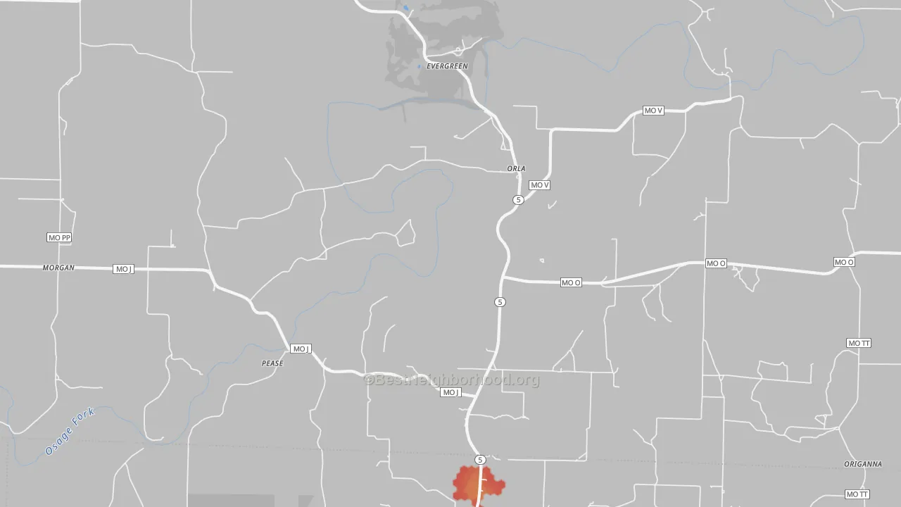 Walk Grade map of Evergreen, MO, walkable areas in green and car-dependent areas in red