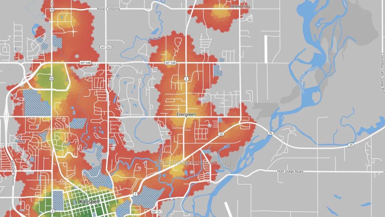 Walk Grade map of Evergreen, MT, walkable areas in green and car-dependent areas in red