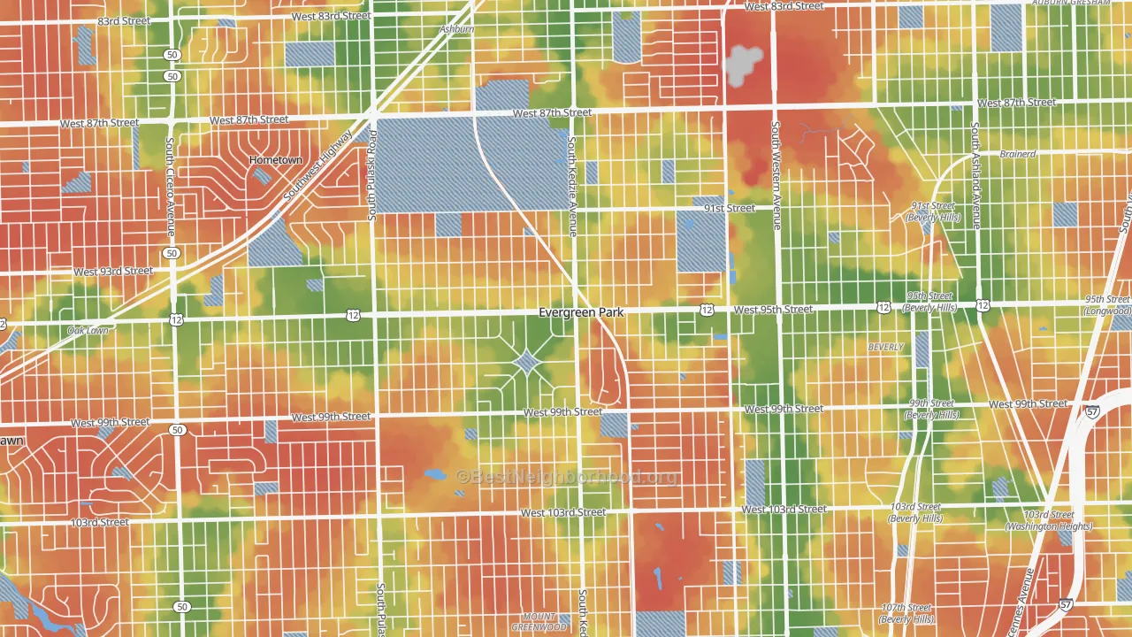 Walk Grade map of Evergreen Park, IL, walkable areas in green and car-dependent areas in red