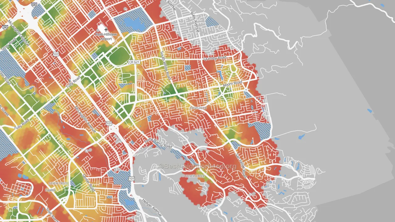 Walk Grade map of Evergreen, San Jose, CA, walkable areas in green and car-dependent areas in red