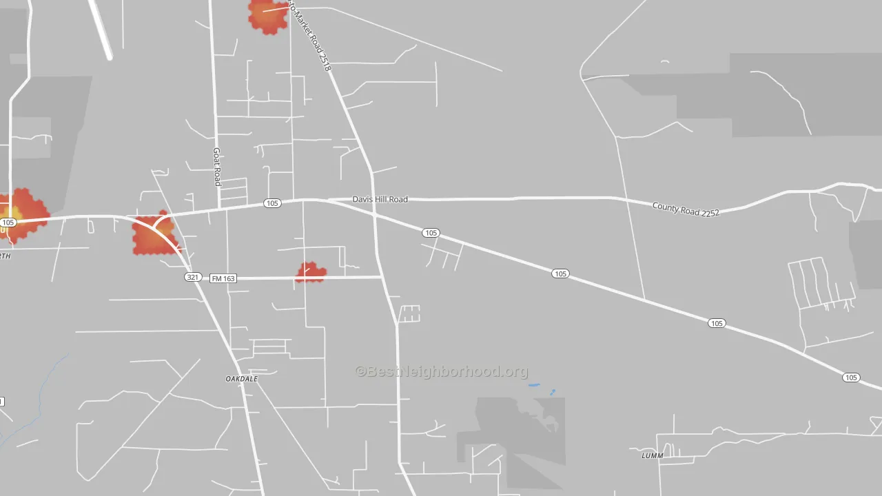 Walk Grade map of Evergreen, TX, walkable areas in green and car-dependent areas in red