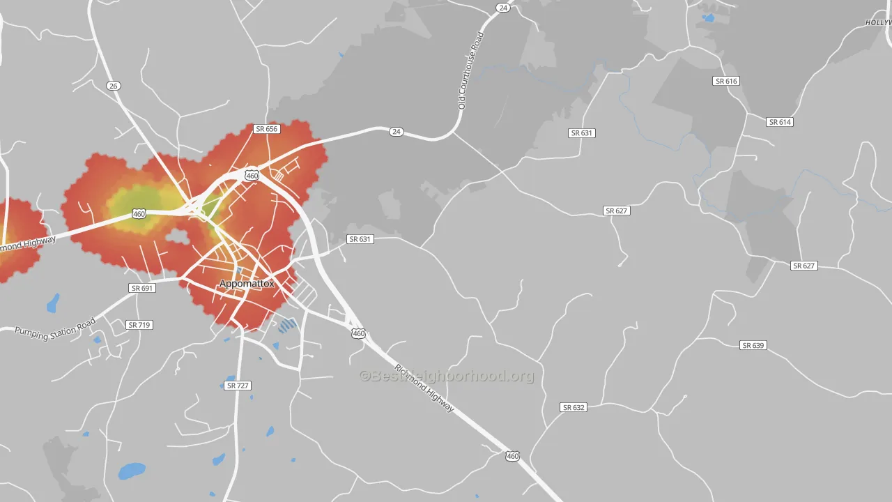 Walk Grade map of Evergreen, VA, walkable areas in green and car-dependent areas in red