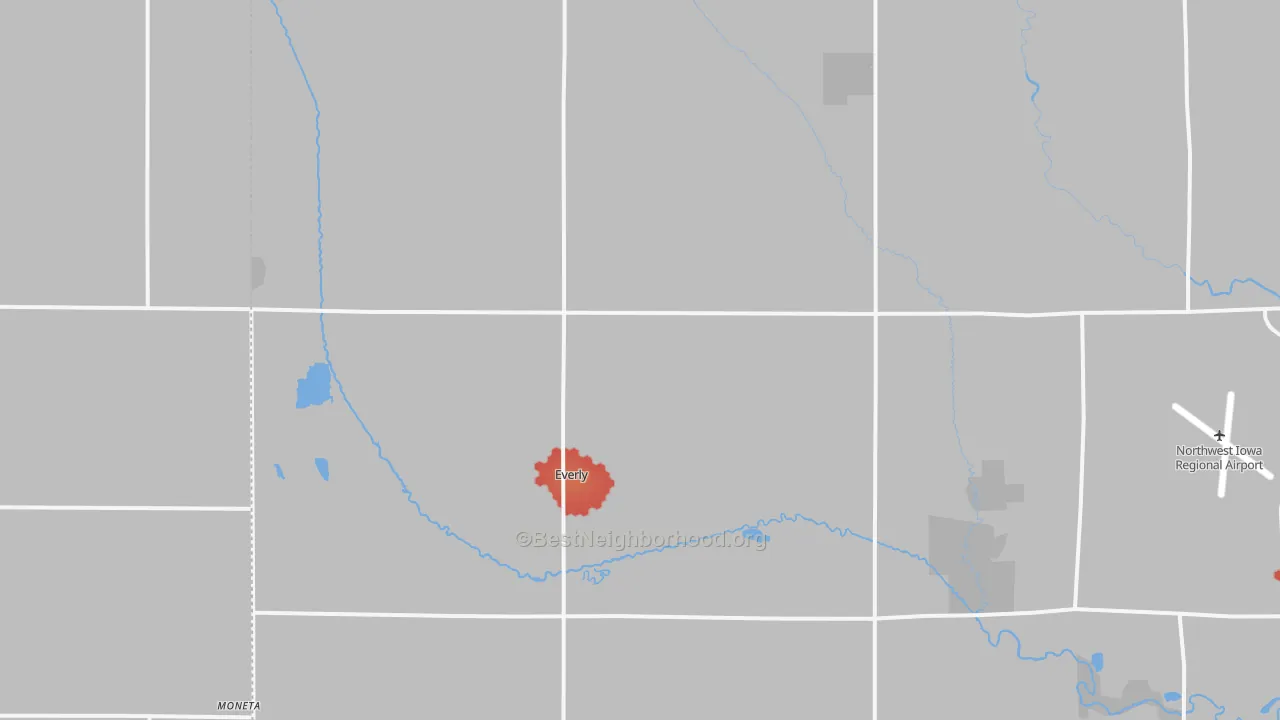 Walk Grade map of Everly, IA, walkable areas in green and car-dependent areas in red