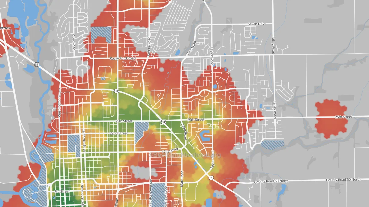 Walk Grade map of Everroad Park, Columbus, IN, walkable areas in green and car-dependent areas in red