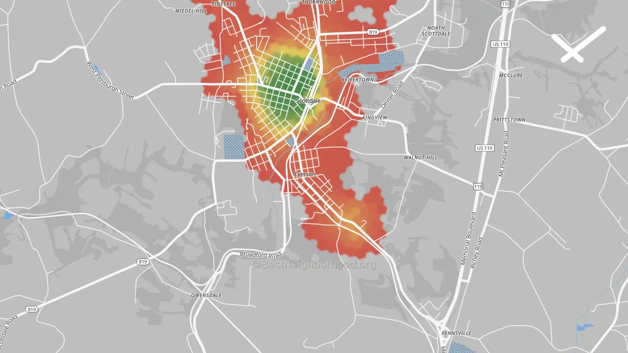 Walk Grade map of Everson, PA, walkable areas in green and car-dependent areas in red