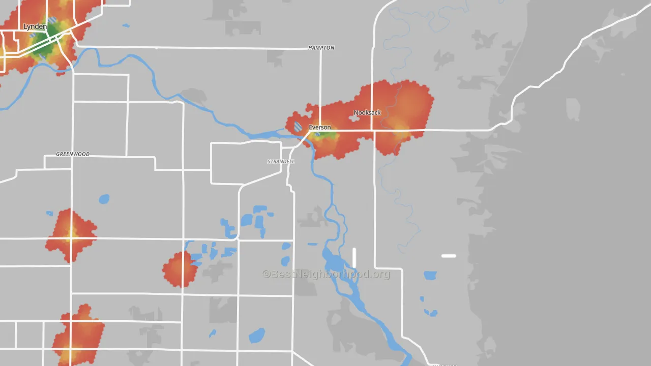 Walk Grade map of Everson, WA, walkable areas in green and car-dependent areas in red