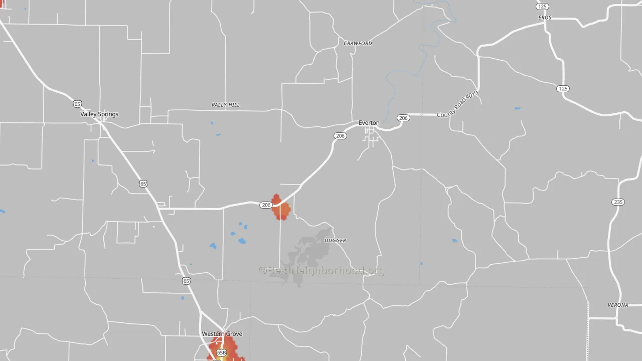 Walk Grade map of Everton, AR, walkable areas in green and car-dependent areas in red