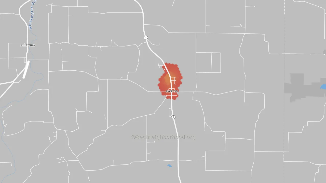 Walk Grade map of Everton, IN, walkable areas in green and car-dependent areas in red