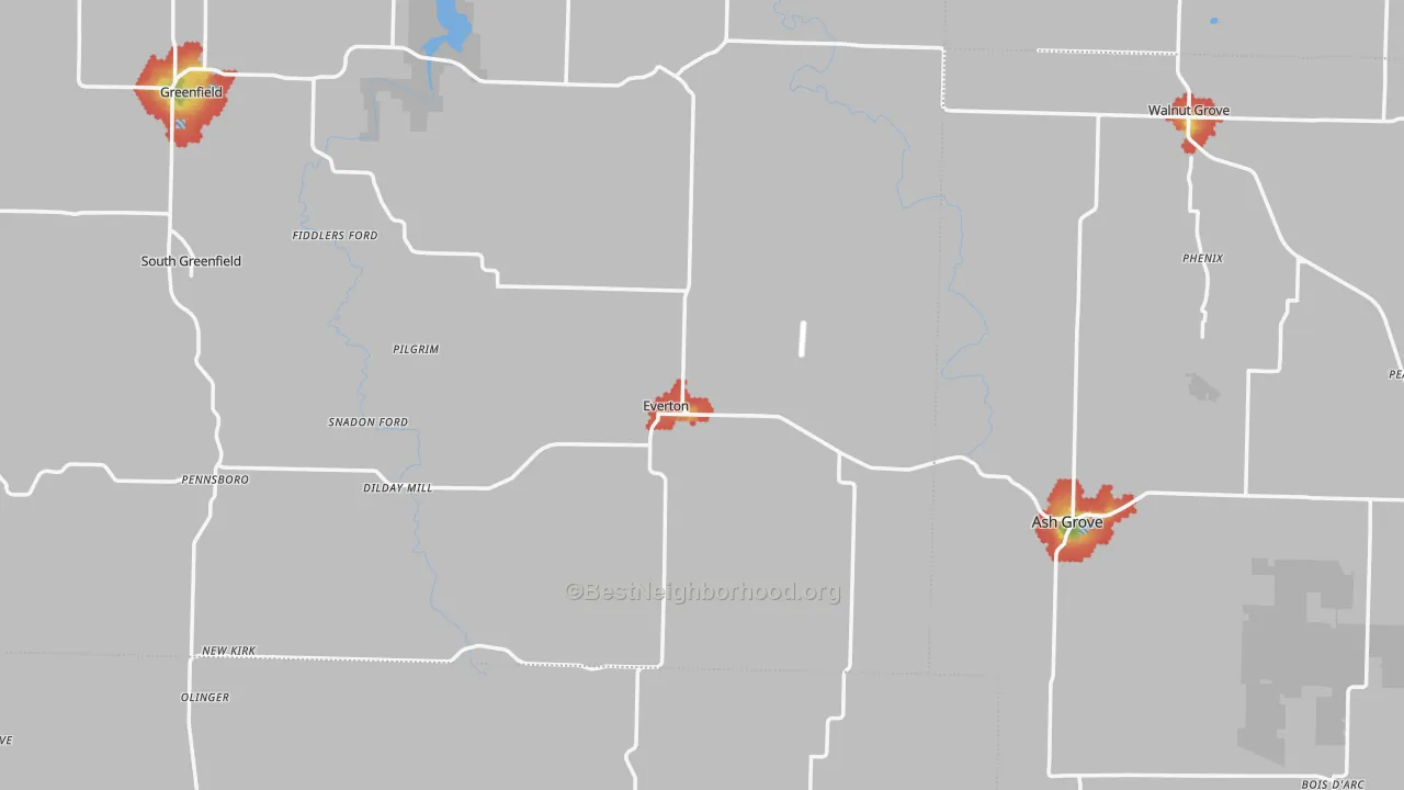 Walk Grade map of Everton, MO, walkable areas in green and car-dependent areas in red