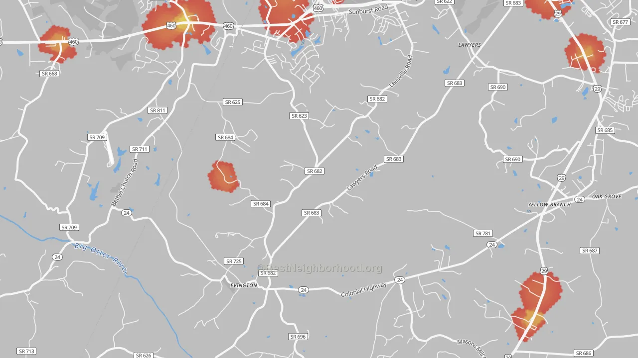 Walk Grade map of Evington, VA, walkable areas in green and car-dependent areas in red