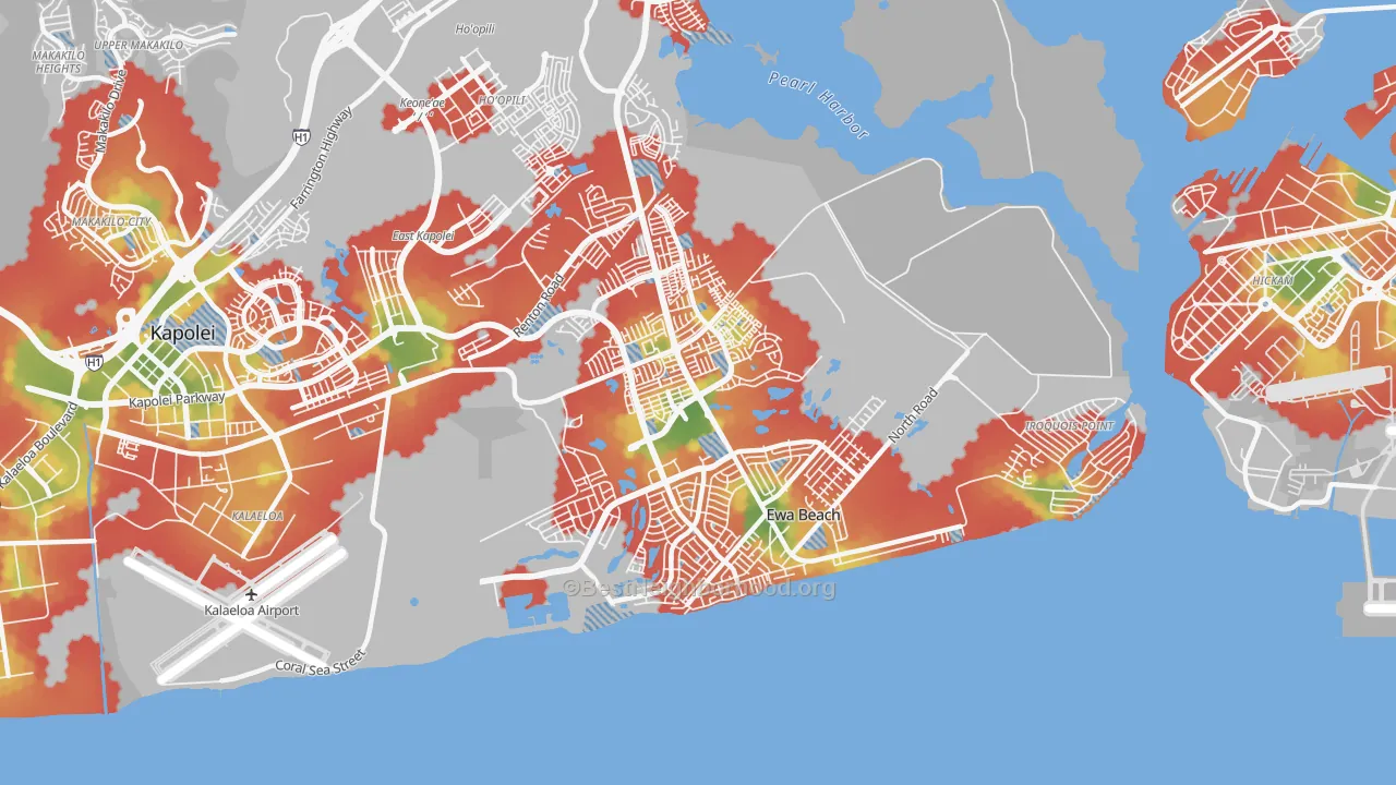 Walk Grade map of Ewa Beach, HI, walkable areas in green and car-dependent areas in red