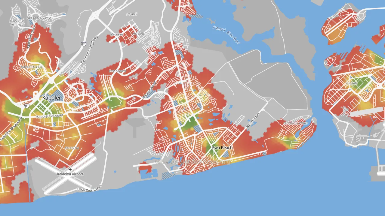 Walk Grade map of Ewa, Ewa Beach, HI, walkable areas in green and car-dependent areas in red