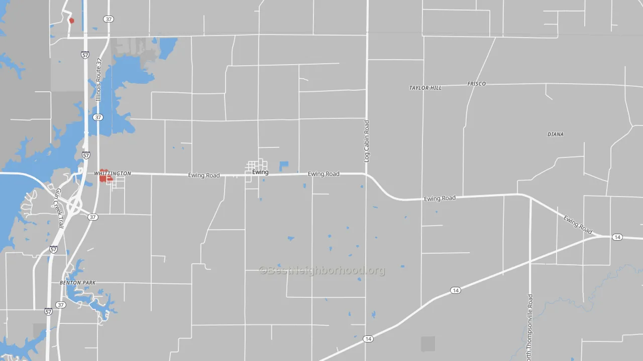 Walk Grade map of Ewing, IL, walkable areas in green and car-dependent areas in red