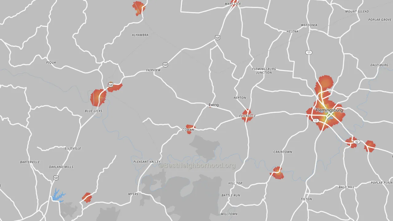 Walk Grade map of Ewing, KY, walkable areas in green and car-dependent areas in red